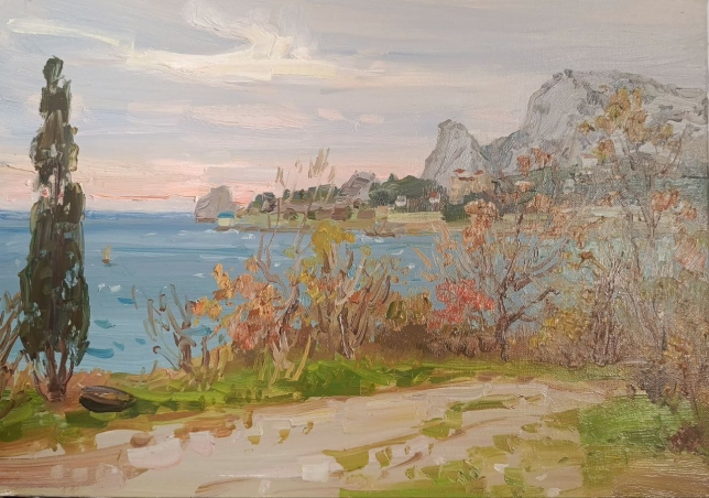 Painting for sale online - Crimea, Pink Sunset in Simeiz