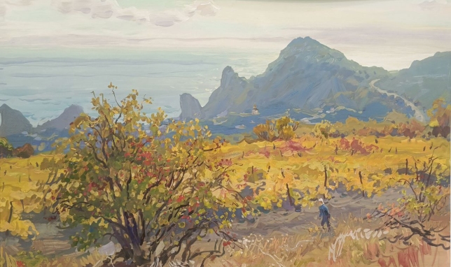 Painting for sale online - Crimea, Simeiz, vineyards, with Mount Koshka in the background
