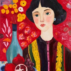 Painting for sale online - A girl and ripe pomegranates