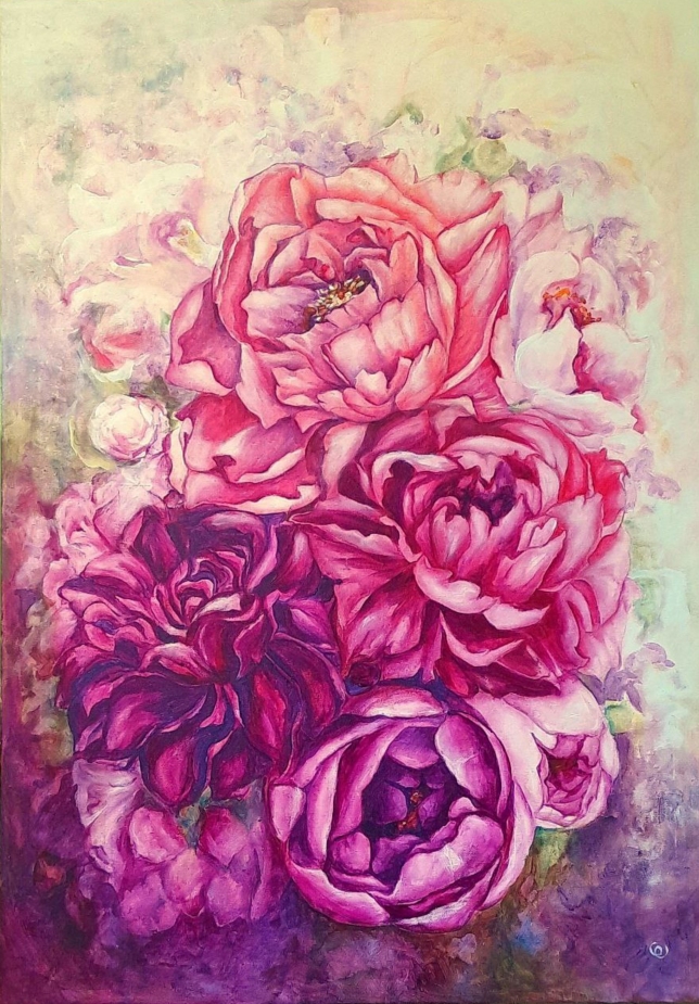 Painting for sale online - Joyful peonies, pink flowers