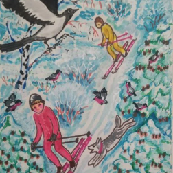 Painting for sale online - Skiers in a naive decorative style