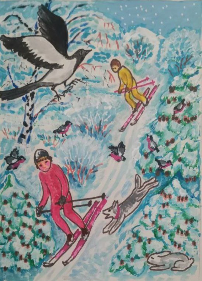 Painting for sale online - Skiers in a naive decorative style