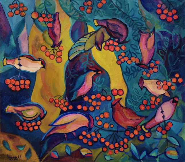 Painting for sale online - Waxwings swooped in