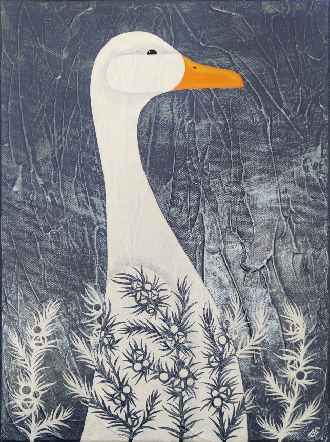 Painting for sale online - A goose in the branches of a juniper tree