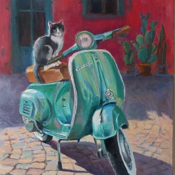 Painting for sale online - A cat on a scooter, Italy