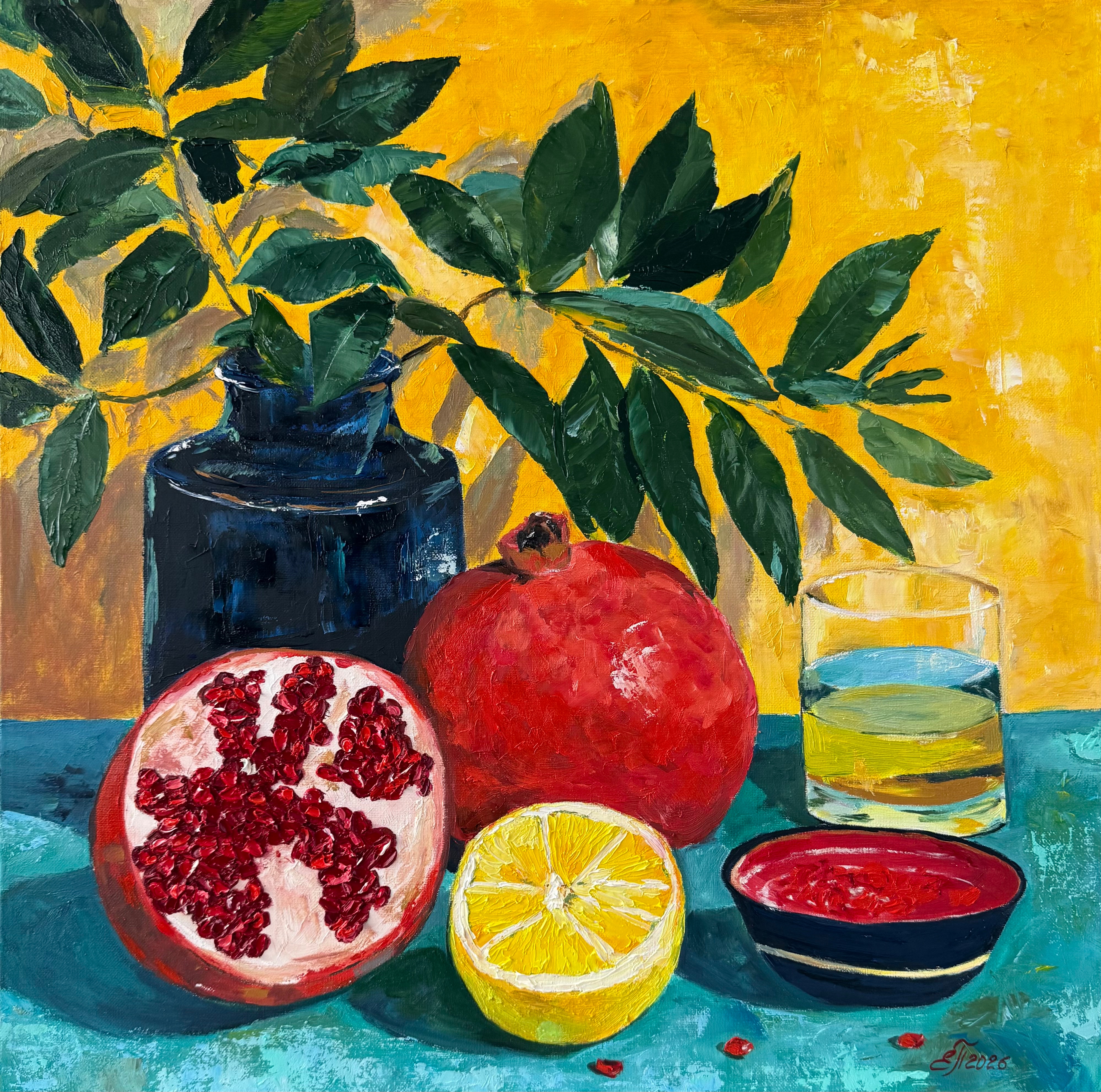 Still life with lemon and pomegranates